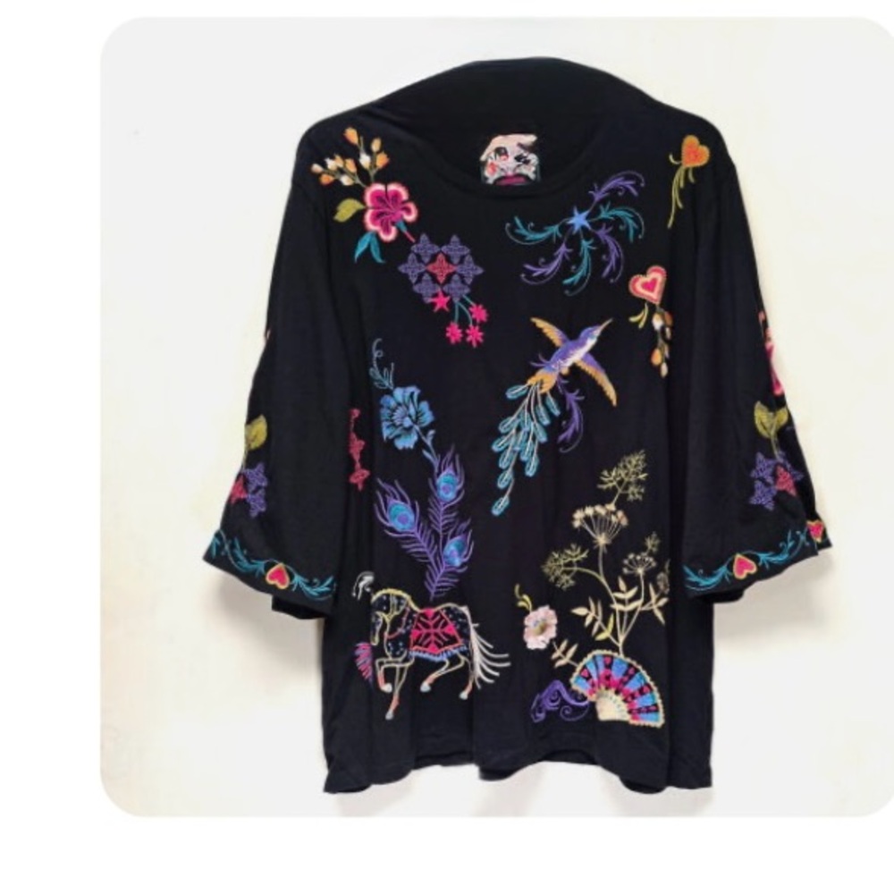 Johnny Was Black and Blue 3/4 Sleeve Embellished Blouse.